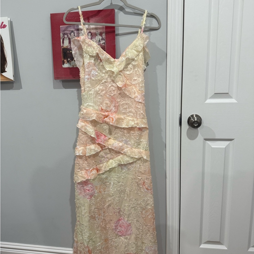 Pink and Yellow Asymmetrical Ruffled Maxi Dress with Spaghetti Straps